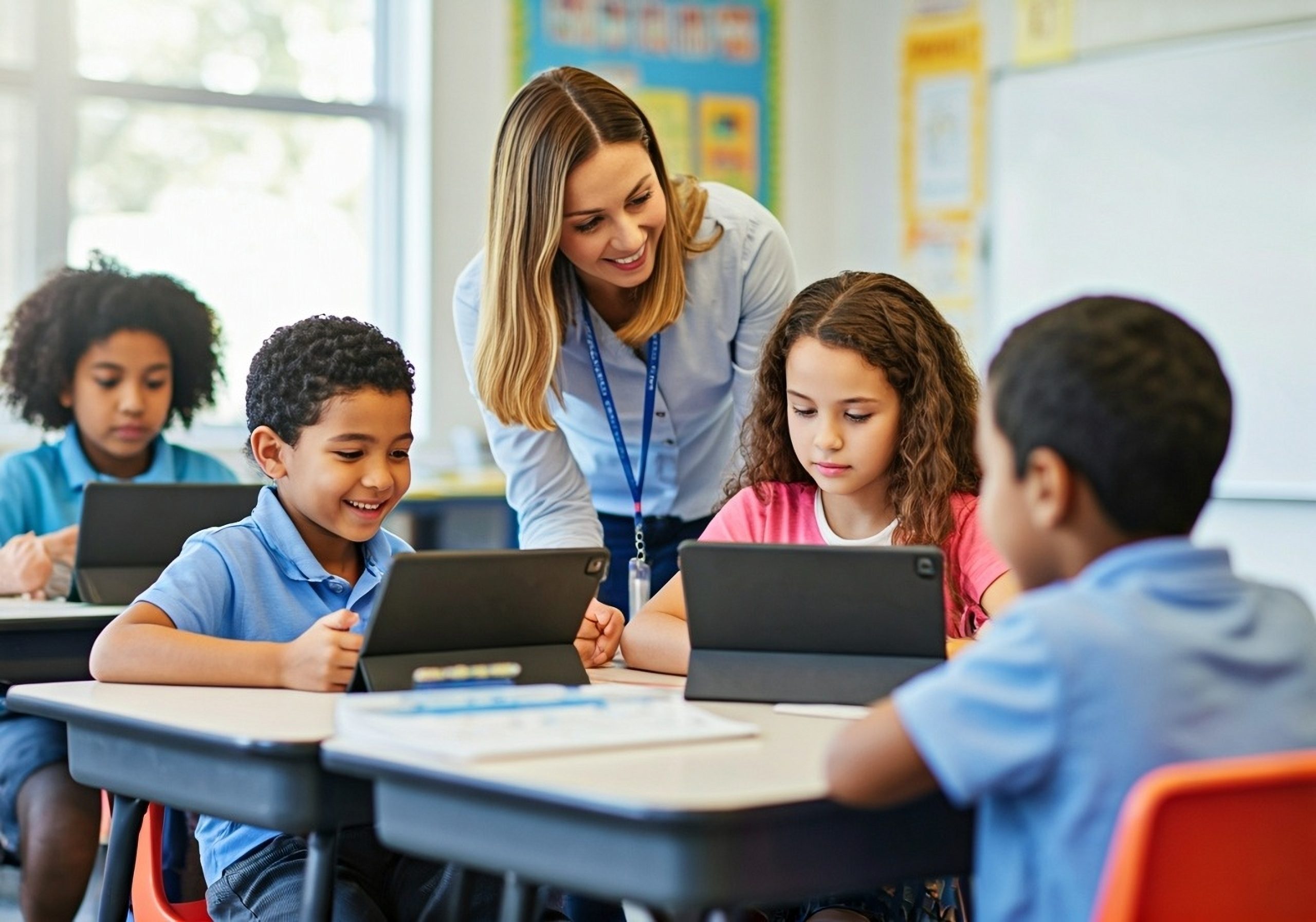 K2,Math,Kids,And,Teacher,In,Classroom,,Using,Ipad,No